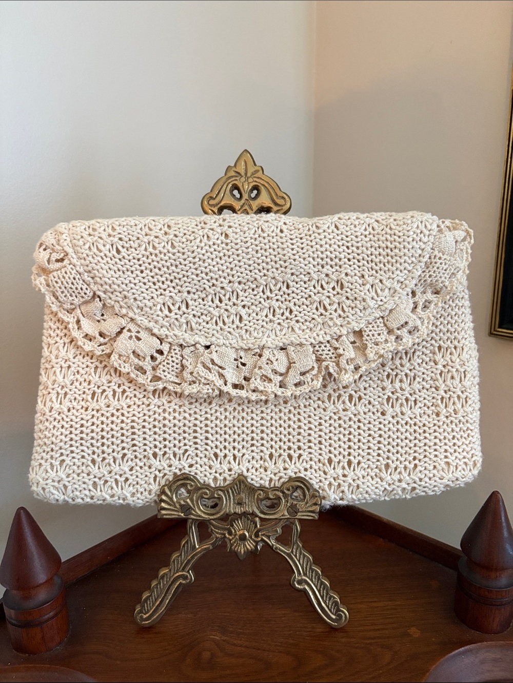 Vintage Boho Women’s Crochet Ruffle Flap Clutch — Cream, Made in Hong Kong